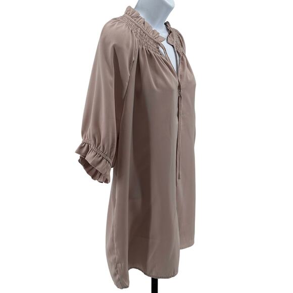 Womens Blouse SZ XL Puff Short Sleeves Tie Neck Ruffle Neck Pullover Dusty Rose - Picture 2 of 6